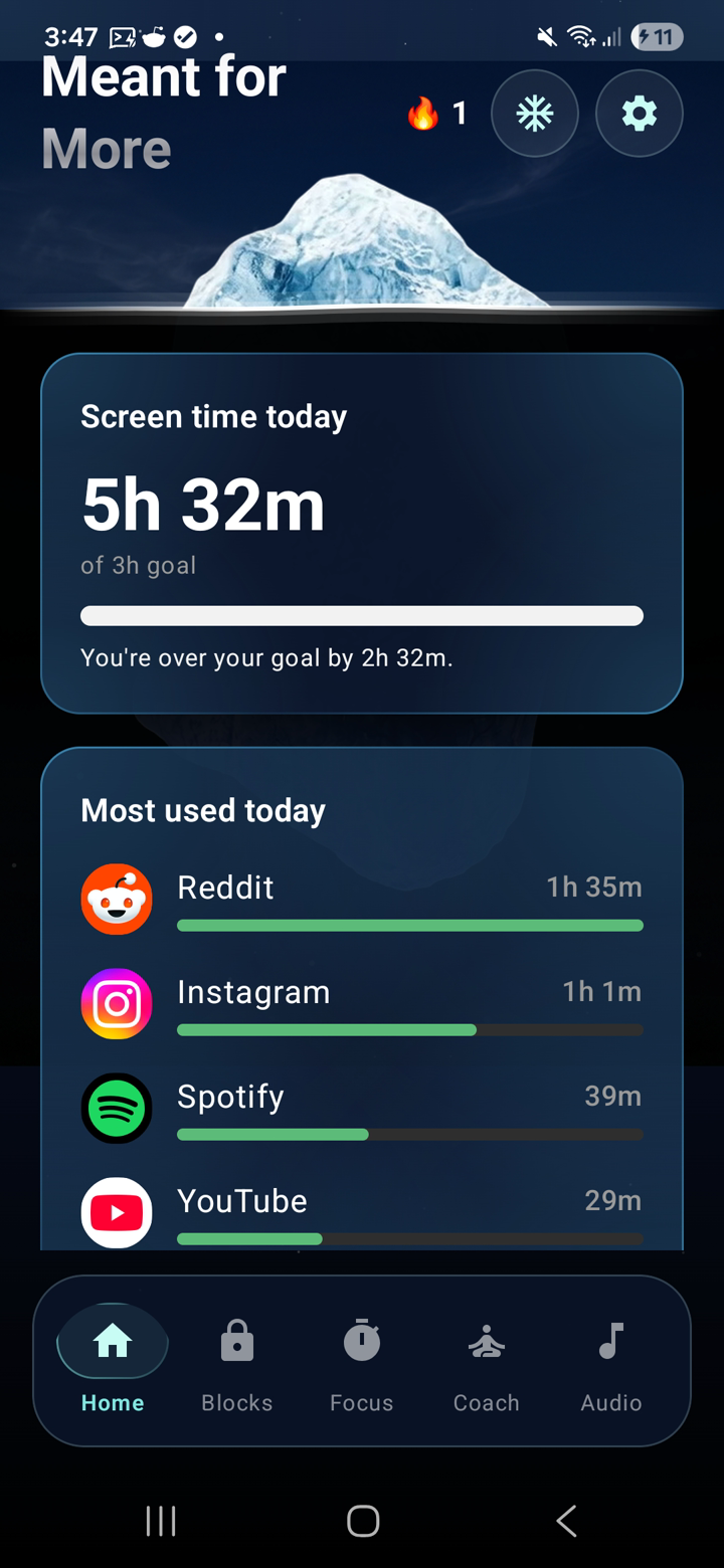 Meant for More home screen — iceberg, streak, and screen-time overview